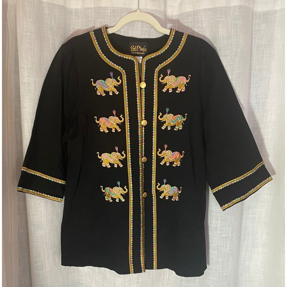 Bob Mackie Wearable Art Black‎ Elephant Embroidered Statement Jacket M
